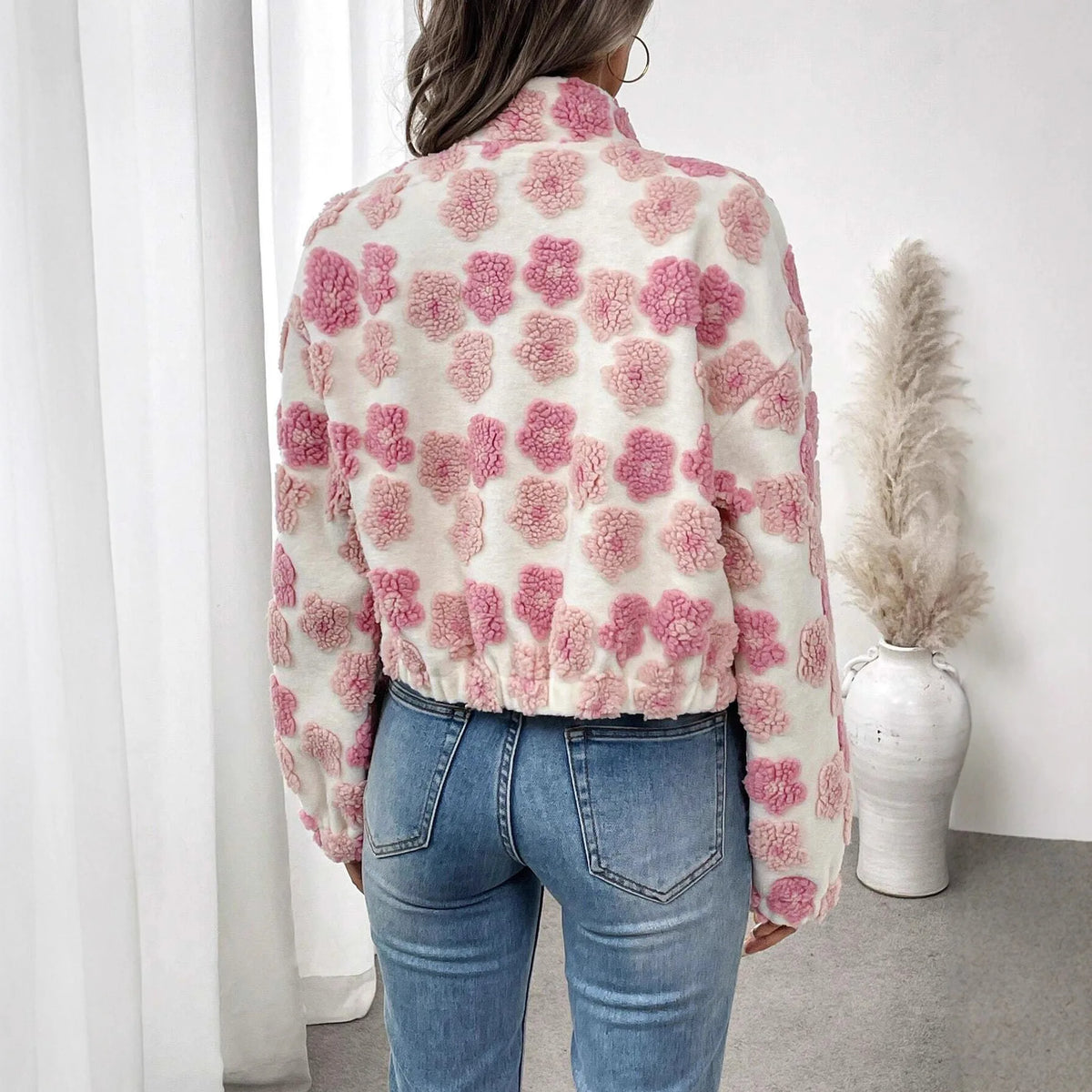 3D Flower Cropped Fleece Jacket
