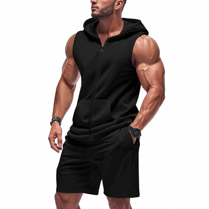 Sleeveless Zipper Hoodie Shorts Set