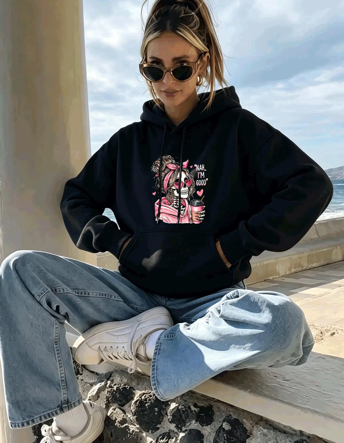 Skull Print Pocket Hoodie