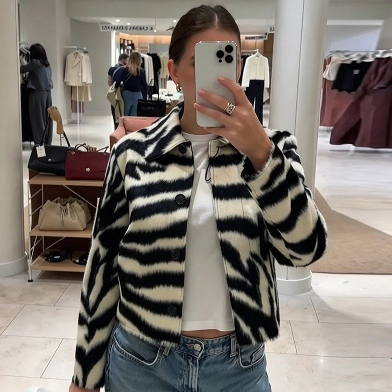 Zebra Print Faux Fur Jacket