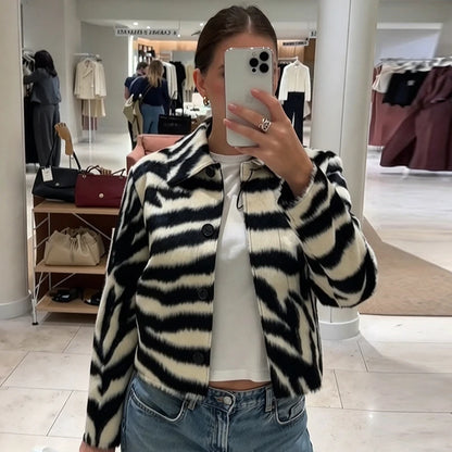 Zebra Print Faux Fur Jacket