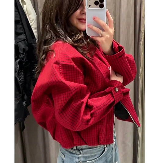 Plaid Cropped Zip Bomber Jacket