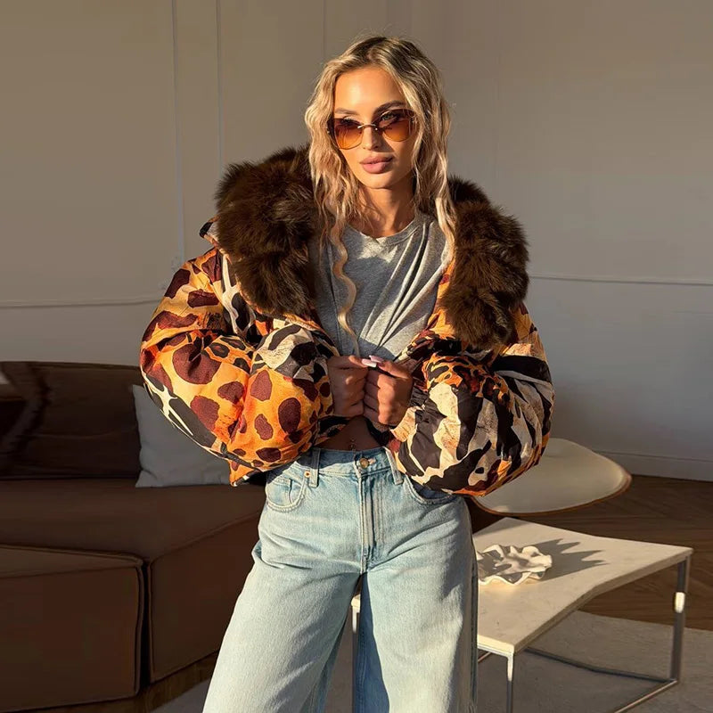 Printed Fur Collar Padded Jacket