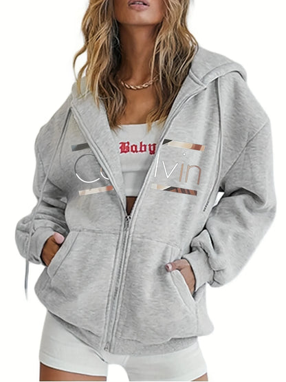 Brown Zip-Up Print Hoodie