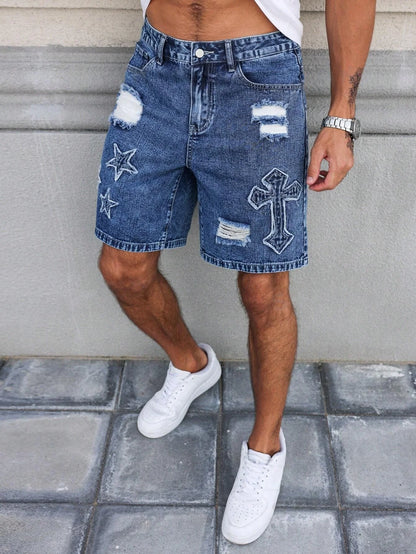 Blue Embroidered Ripped Denim Shorts