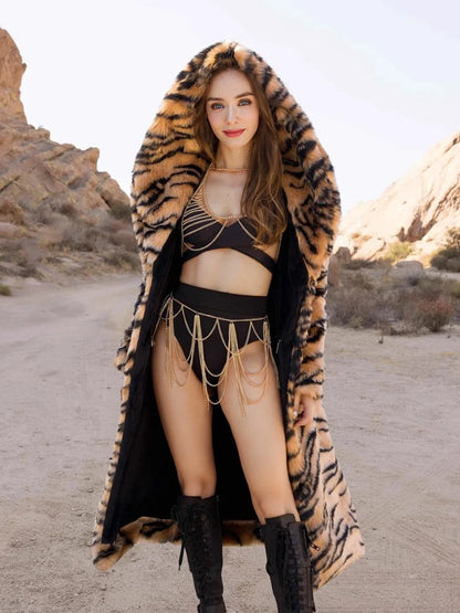 Tiger Stripe Hooded Faux Fur Coat