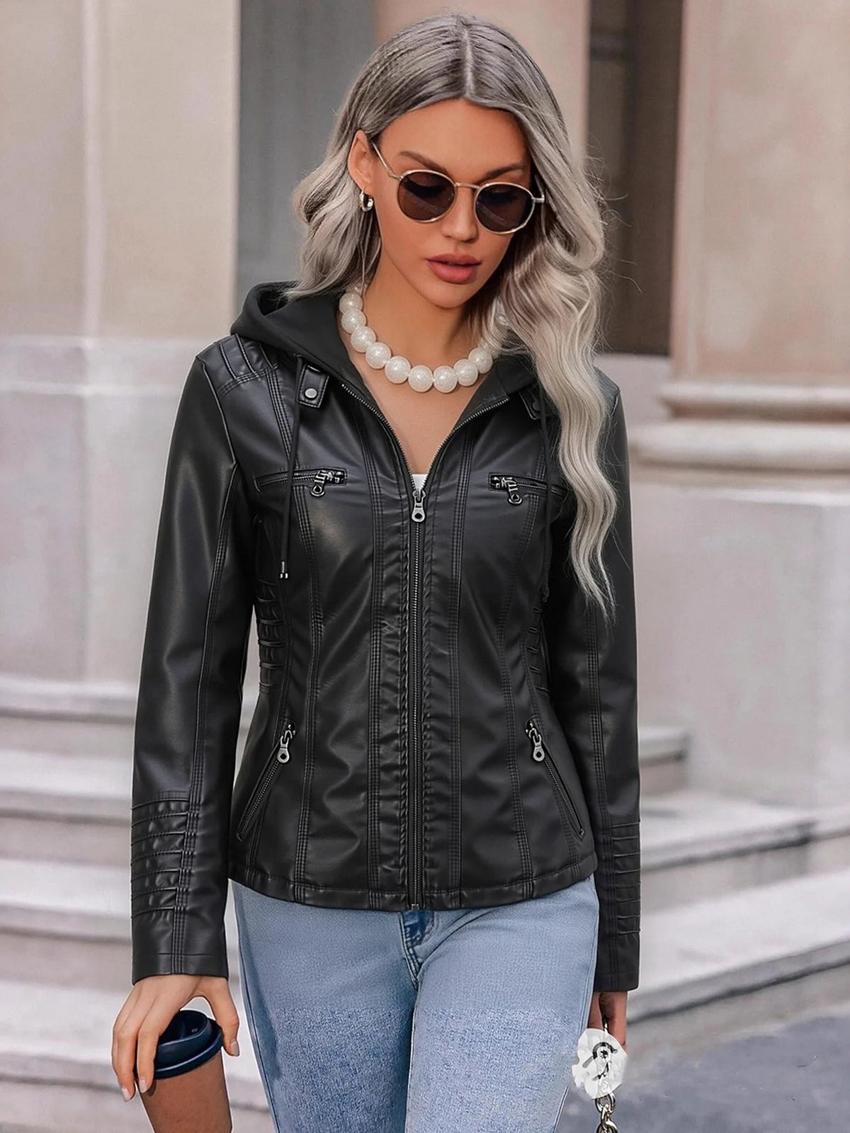 Detachable Hood Faux Leather Jacket