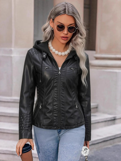 Detachable Hood Faux Leather Jacket