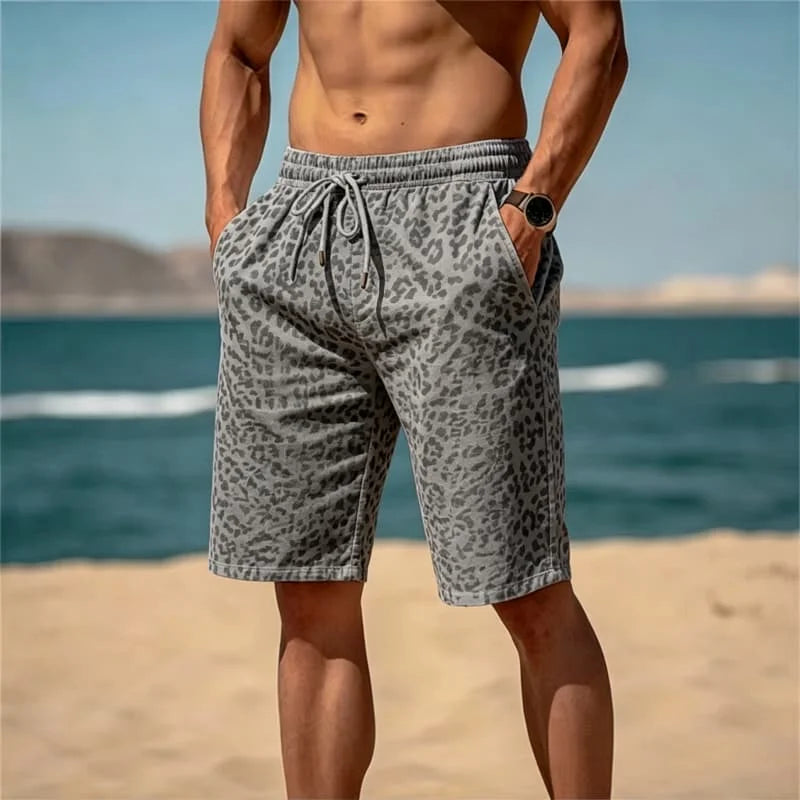 Leopard Print Drawstring Beach Shorts