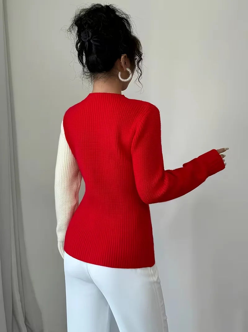 Color-Block Heart Knit Pullover