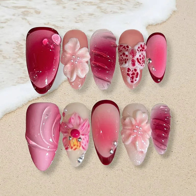 3D Flower Almond Press-On Nails