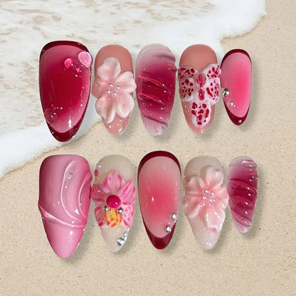 3D Flower Almond Press-On Nails