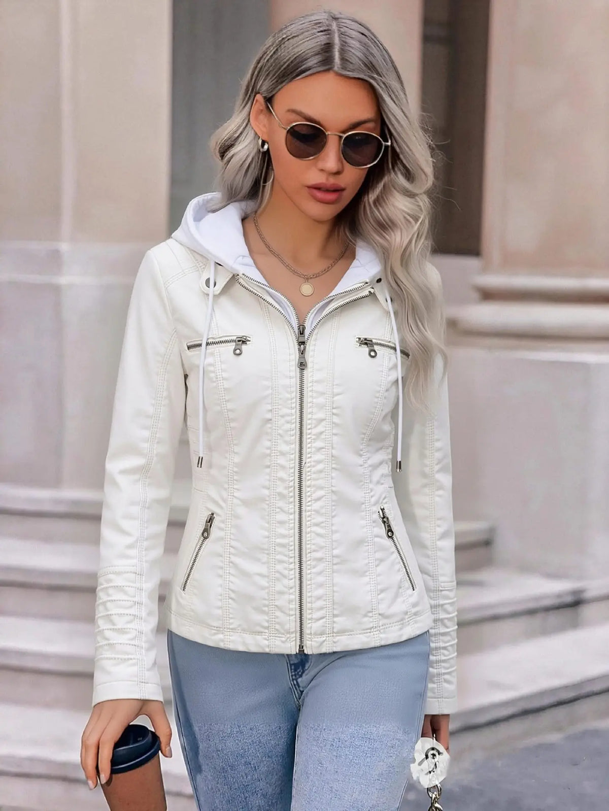 Detachable Hood Faux Leather Jacket
