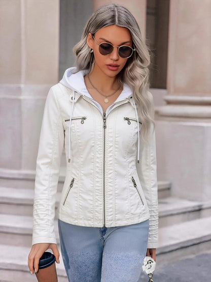 Detachable Hood Faux Leather Jacket
