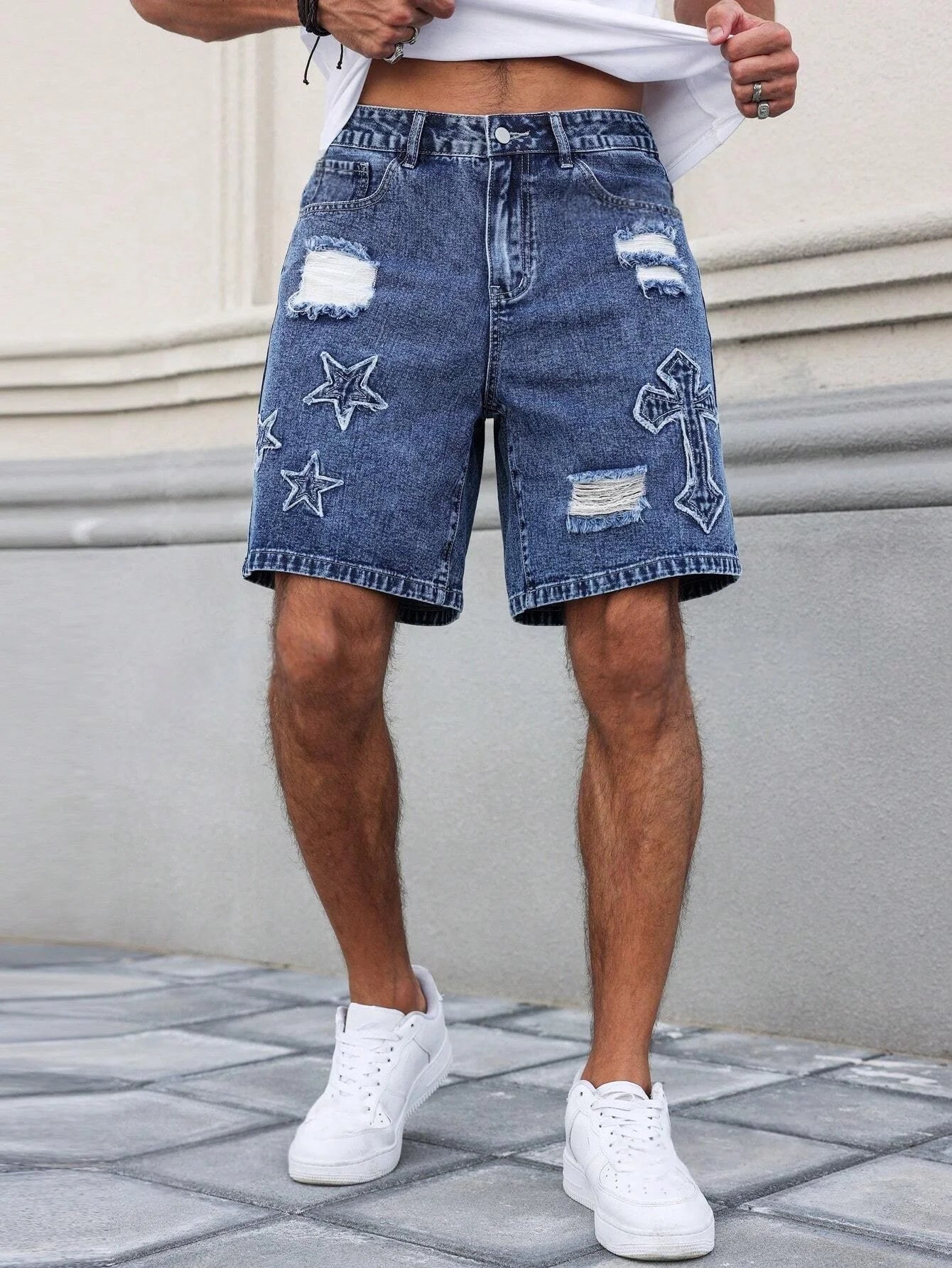 Blue Embroidered Ripped Denim Shorts