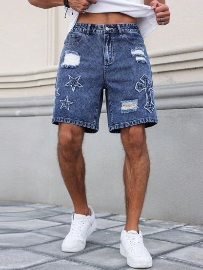 Blue Embroidered Ripped Denim Shorts