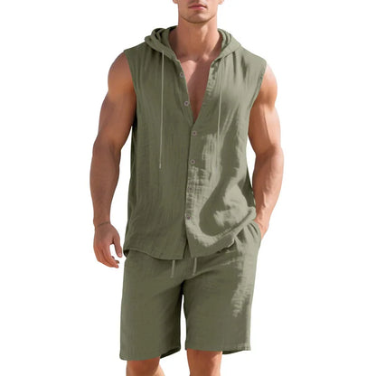 Linen Hooded Sleeveless Shirt Set