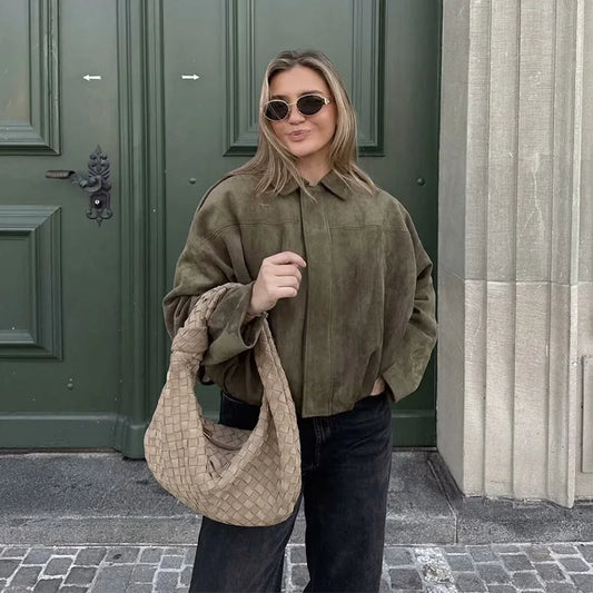 Loose Turn-Down Collar Bomber Jacket
