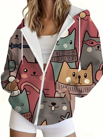 3D Cat Print Zip Hoodie