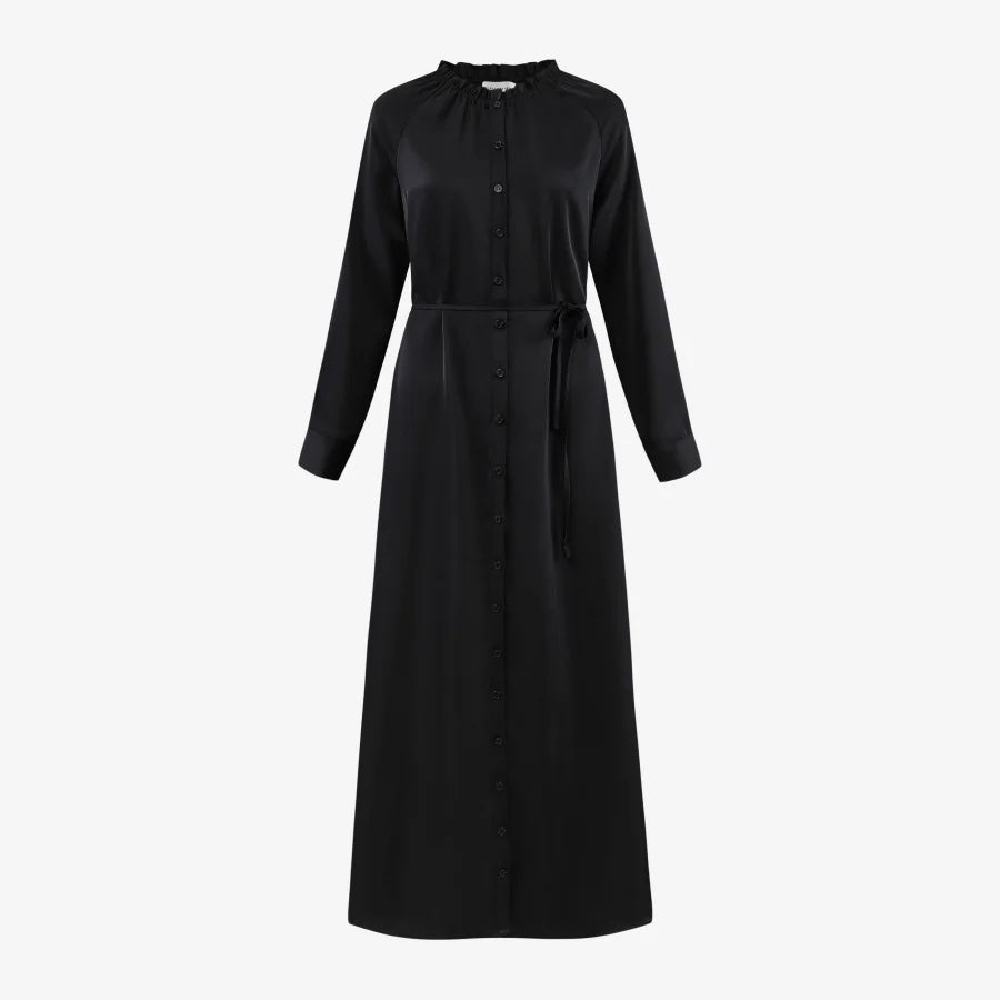 Satin Ruffled-Neck Dress with Removable Belt