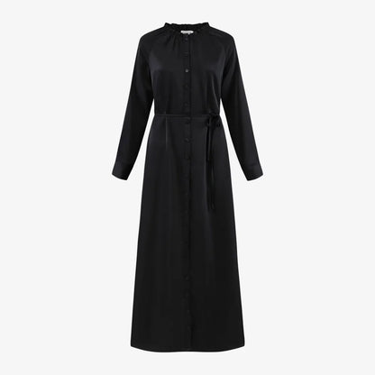 Satin Ruffled-Neck Dress with Removable Belt
