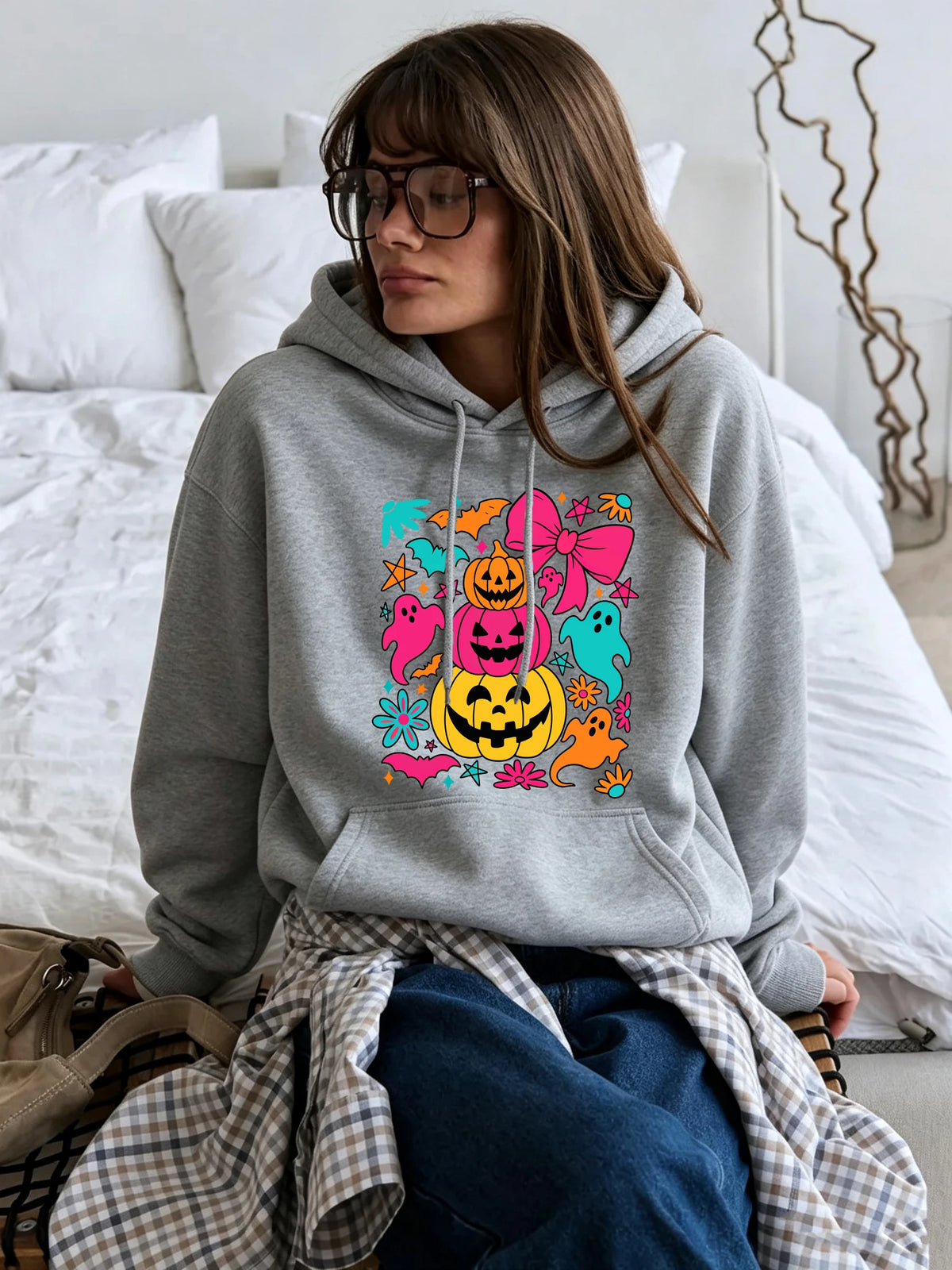 Pumpkin Bow Print Fleece Hoodie