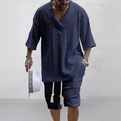 Knitted V-Neck T-Shirt Shorts Set
