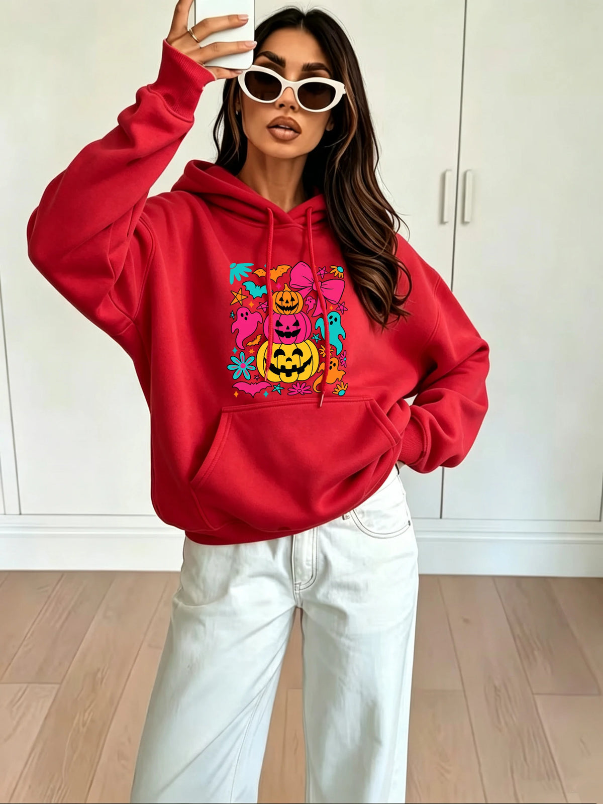 Pumpkin Bow Print Fleece Hoodie