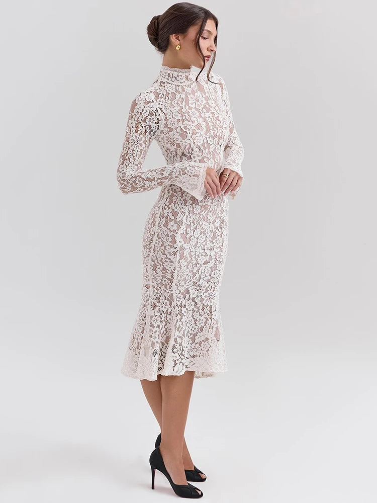 White Lace Half High Collar Midi Dress
