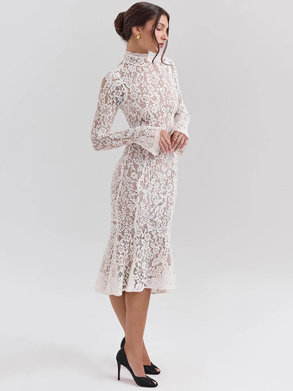 White Lace Half High Collar Midi Dress