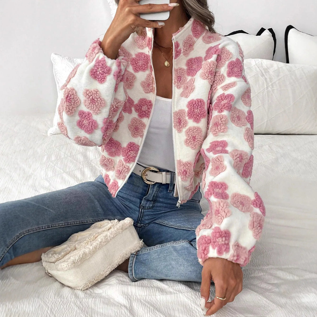 3D Flower Cropped Fleece Jacket