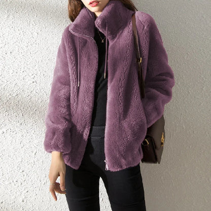Mandarin Collar Faux Fur Coat