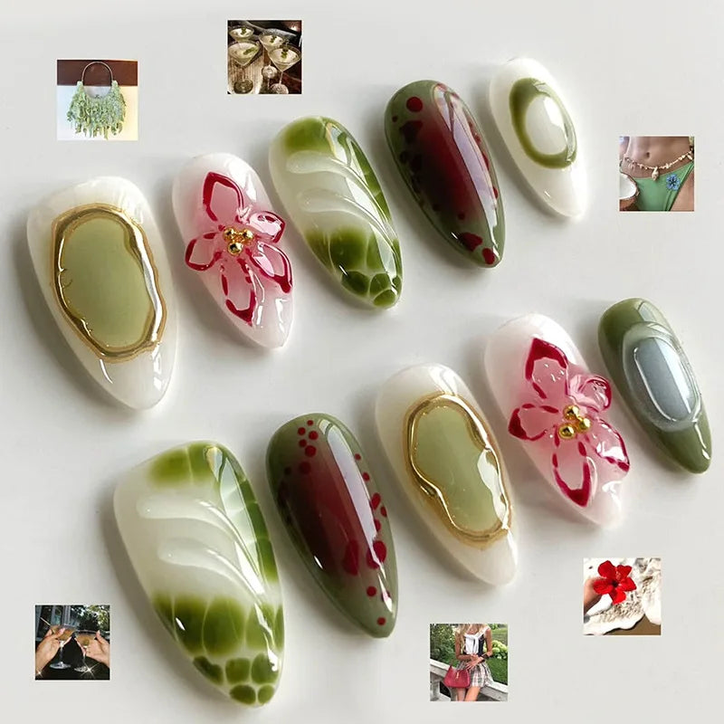 3D Flower Almond Press-On Nails