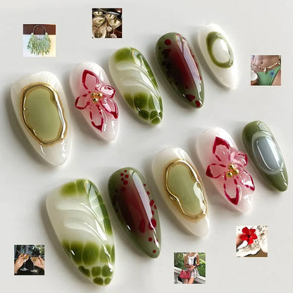 3D Flower Almond Press-On Nails