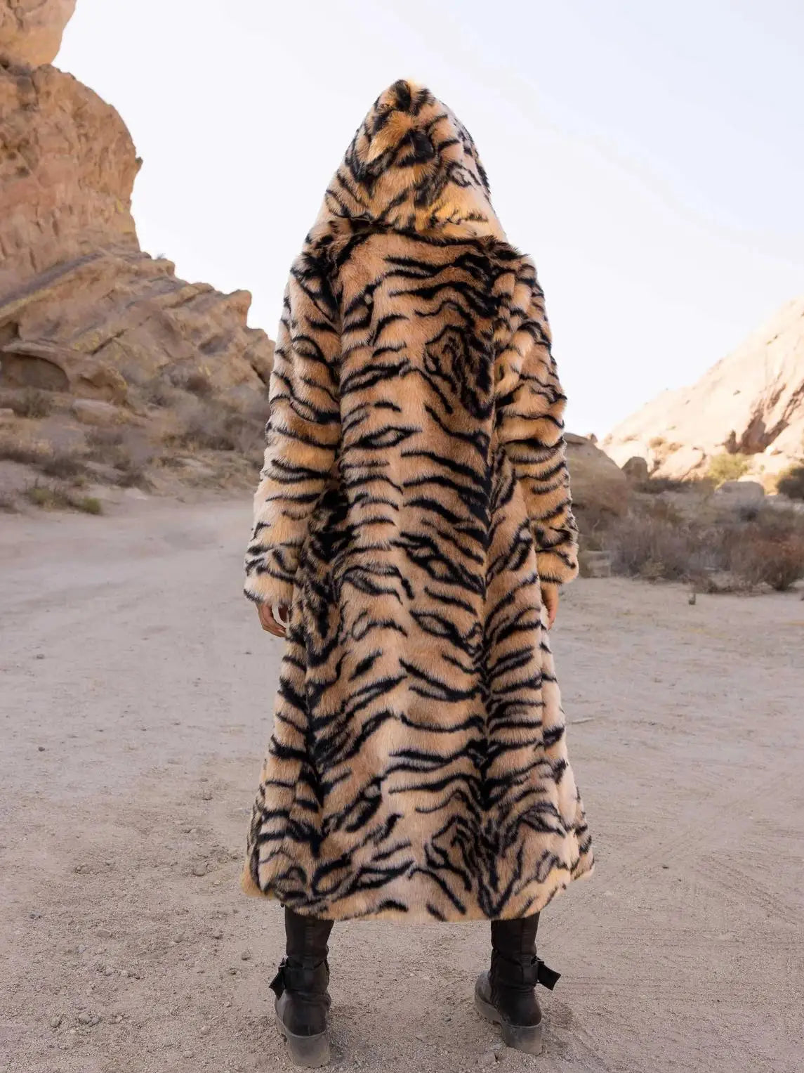 Tiger Stripe Hooded Faux Fur Coat