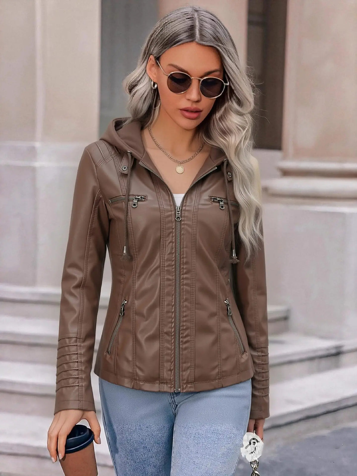 Detachable Hood Faux Leather Jacket