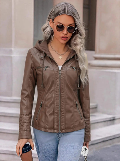 Detachable Hood Faux Leather Jacket
