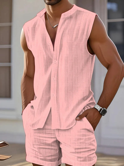 Mandarin Collar Vest Shorts Set